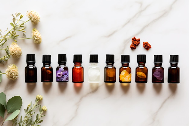 Top-View Ätherische Öle, kunstvoll auf einem weißen Stein-Tisch angeordnet, perfekt für die Förderung der Aromatherapie