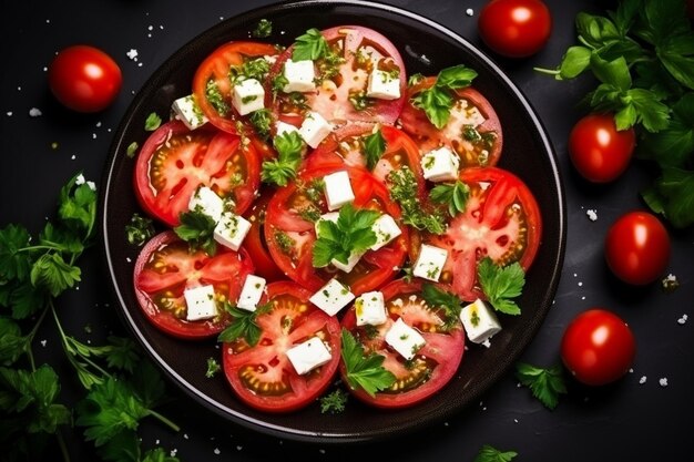 Foto top-view tomatensalat mit feta-käse