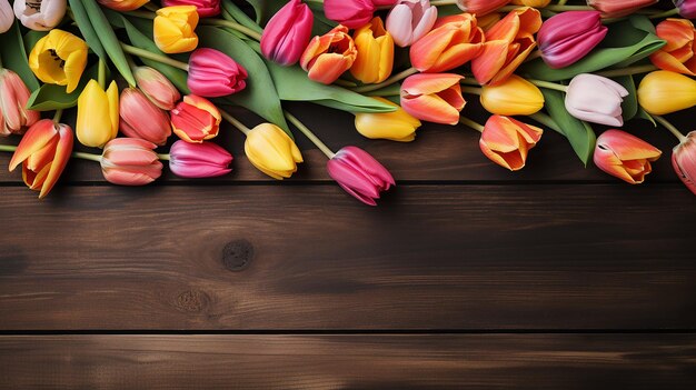 Top View Tulips Flores de Primavera em fundo de madeira