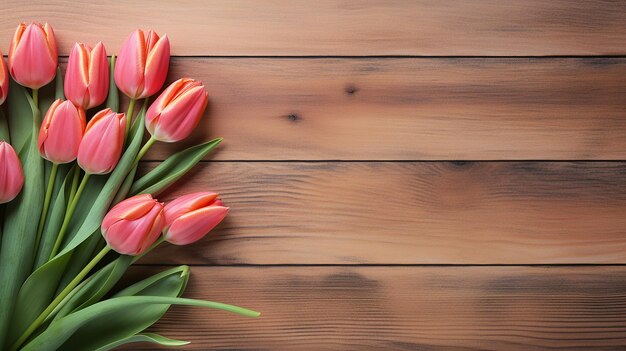 Top View Tulpen Frühlingsblüten auf Holz-Hintergrund