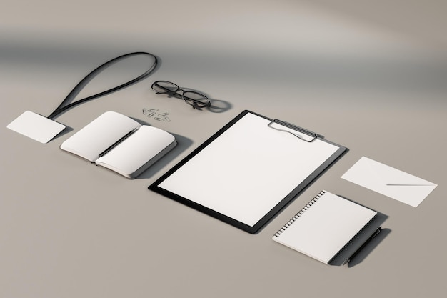 Top-View und Nahaufnahme von leeren Büroartikeln auf einem weißen Tisch Clipboard Notizblock schlechter Umschlag Mock-up 3D-Rendering