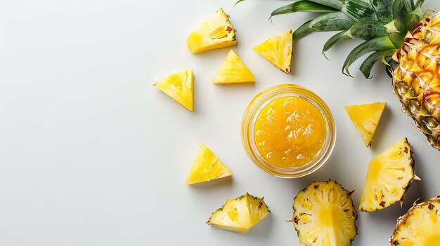 Foto top-view von ananasmarmelade mit ananas und stücken in einer sauberen oberfläche mit einem sauberen weißen hintergrund mit einem großen raum für text oder produkt generative ki