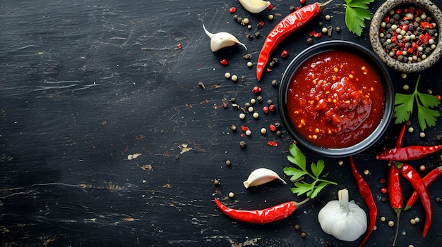 Top-View von Chili-Peppern mit Gewürzen und Chili-Pippern auf dunklem Beton-Hintergrund