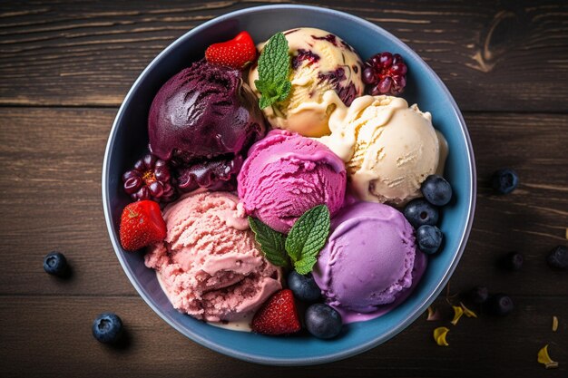 Top-View von farbenfrohen Eiscreme in einer Schüssel auf blauem Holzhintergrund