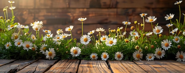 Top-View von Gänseblümchen auf einem rustikalen Holz-Hintergrund, die ein perfektes Frühlings-Ambiente schaffen Konzept Frühlingsblumen Rustikaler Hintergrund Top View Blumendekor Natur Ästhetik