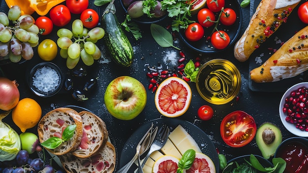 Top-View von gesunden Lebensmittelzutaten auf dunklem Hintergrund Verschiedene Früchte Gemüse Nüsse Samen Olivenöl und Brot Sauberes Essen Konzept