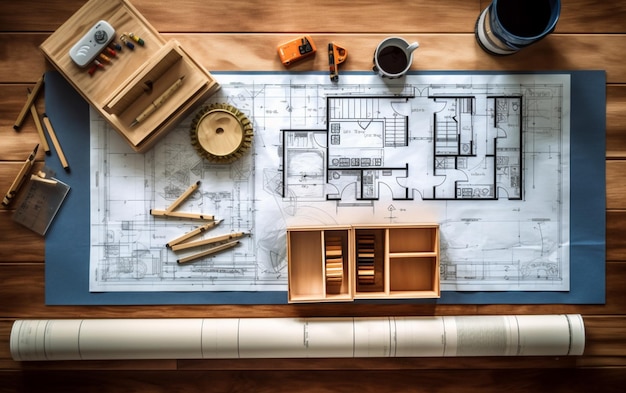 Top-View von Hausplan-Blueprint-Papier mit Reparaturwerkzeugen auf dem Schreibtisch im Architekturbüro