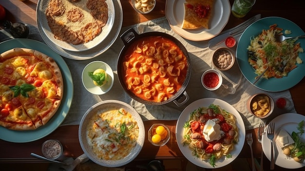 Top-View von italienischen Mahlzeiten auf Teller und Pfanne Pizza Pasta Risotto Suppe und Fisch Gemüsesalat