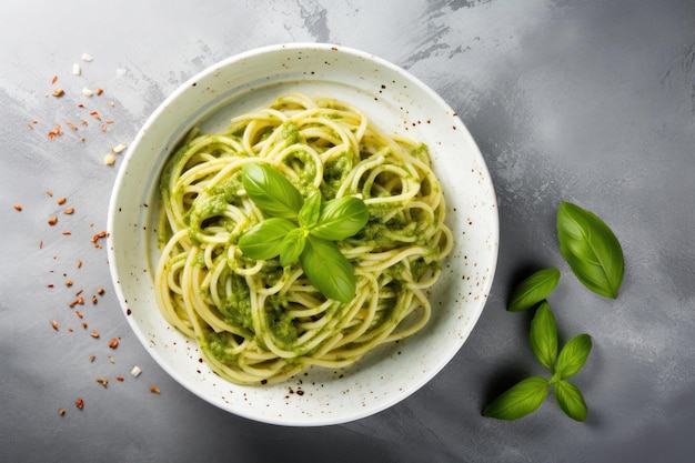 Top-View von Pasta-Spaghetti in einer grauen Schüssel mit Pesto-Sauce und frischen Basilikumblättern auf einem hellgrauen B