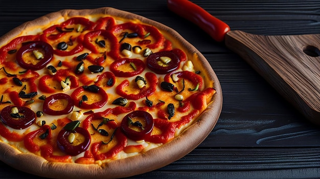 Top-View von Pepperoni-Pizza mit Pilzwürstchen, Würstchen, Pfeffer, Oliven und Mais auf schwarzem Holz