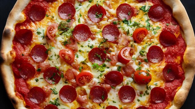 Top-View von Pepperoni-Pizza mit Wurst, Tomatensauce, Käse und Kräutersprügeln