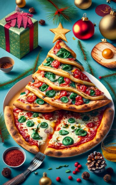 Top-View von Pizza-Scheiben, isoliert auf dem Kristmas-Hintergrund