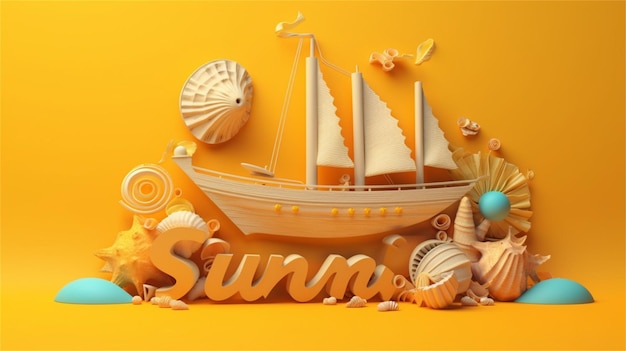 Top-View von Reisewort aus farbenfrohen Muscheln und Spielzeugboot auf gelbem Hintergrund