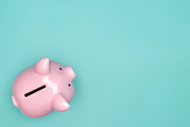 Top-View von rosa Sparsamkeit für Geld sparen isoliert auf pastellgrünem Hintergrund
