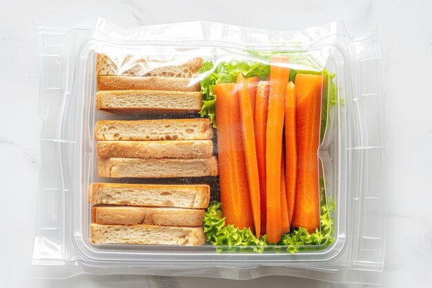Top-View von Sandwiches in Ziplock-Taschen und Karotten in einer Mittagessen-Box, isoliert auf weiß