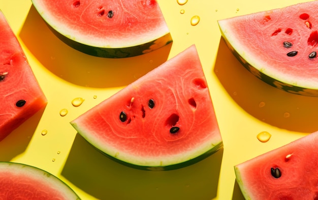 Top-View von Wassermelonen-Schnitten-Muster über gelben Hintergrund Sommerfrucht-Konzept