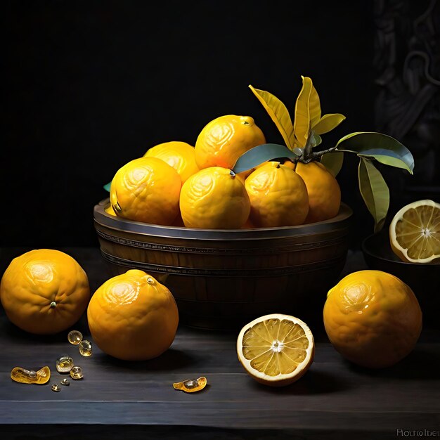 topaço amarelo na mesa na sala escura laranjas e limões AI
