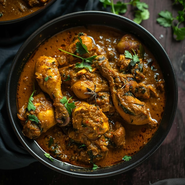 Foto topangle clear shot del curry de pollo chettinad indio