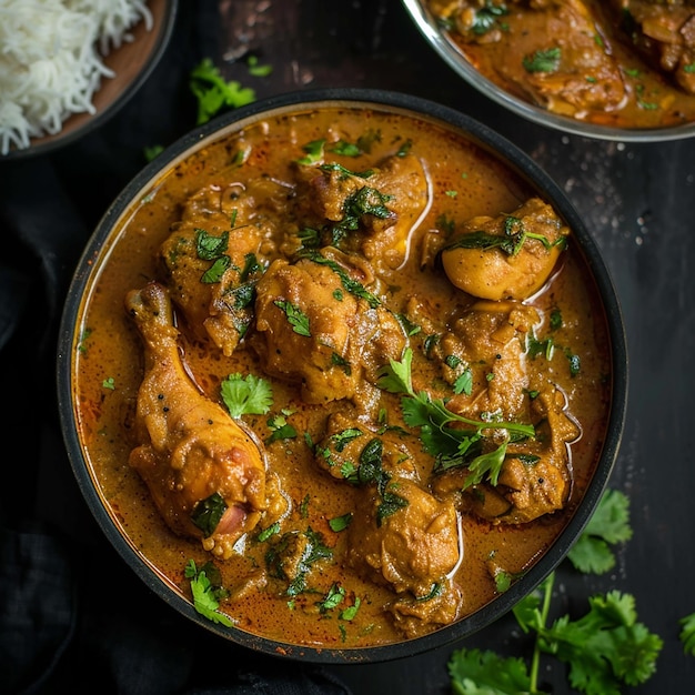 Foto topangle clear shot del curry de pollo chettinad indio