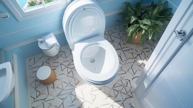 Topdown-Ansicht einer glänzenden Toilette in einem hellen, makellos gepflegten Badezimmer mit weißen Keramikfliesen