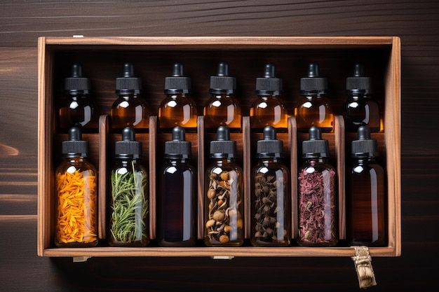TopDown-Ansicht von Flaschen mit ätherischen Ölen in Holzaufbewahrung Generative von Ai