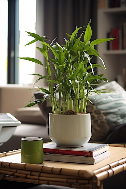 Topf mit glücklicher Bambuspflanze auf generativem Tisch