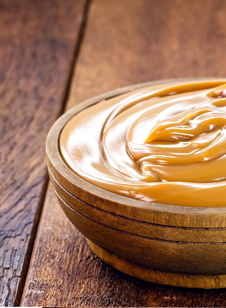 Foto topf mit veganer dulce de leche oder hausgemachtem karamell auf rustikalem holzhintergrund typisch brasilianischer süßigkeit