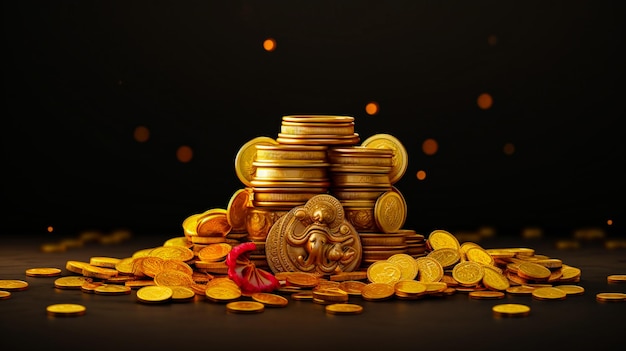 Topf und Goldmünzen für die Dhanteras-Feier mit geschmücktem Hintergrund 3D-Rendering von akshaya tritiya