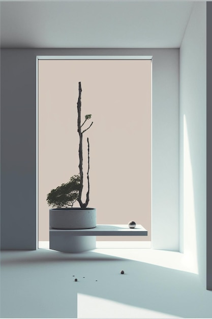 Topfpflanze sitzt vor einem Fenster, generative KI