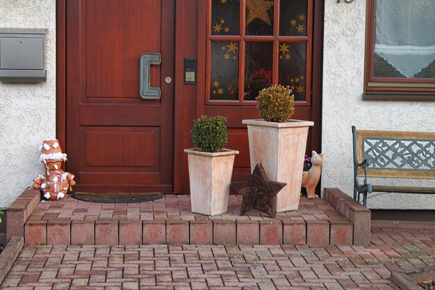 Foto topfpflanzen an der tür außerhalb des hauses