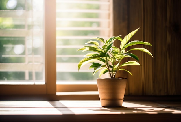 Topfpflanzen auf einem Holztisch vor dem Fenster mit Sonnenlicht im Hintergrund