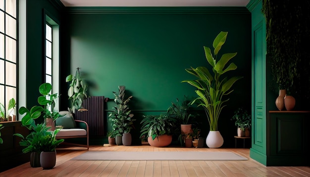 Topfpflanzen schmücken das leere Wohnzimmer mit grünen Wänden und einem Hartholzboden Generative AI