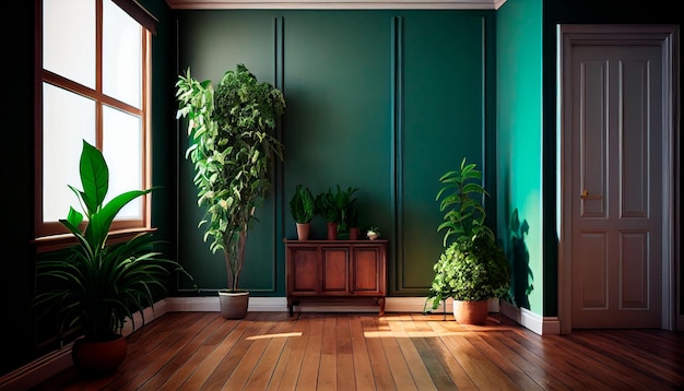 Topfpflanzen schmücken das leere Wohnzimmer mit grünen Wänden und einem Hartholzboden Generative AI