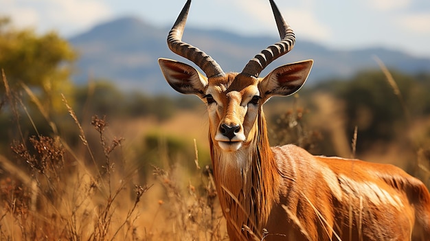 Topi grande antílope africano Damaliscus korrigum guarda permanente no habitat natural Lago Mburo de Uganda