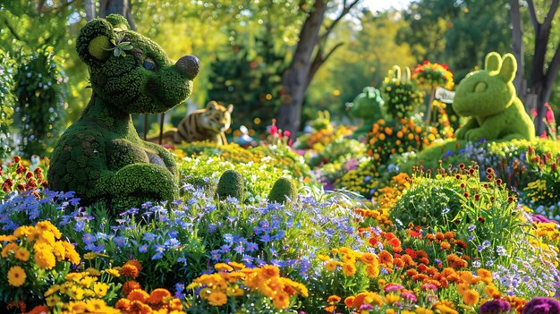 Topiarios en un jardín con una variedad de flores Los topiarios son de varios animales, incluido un oso un tigre y un conejo