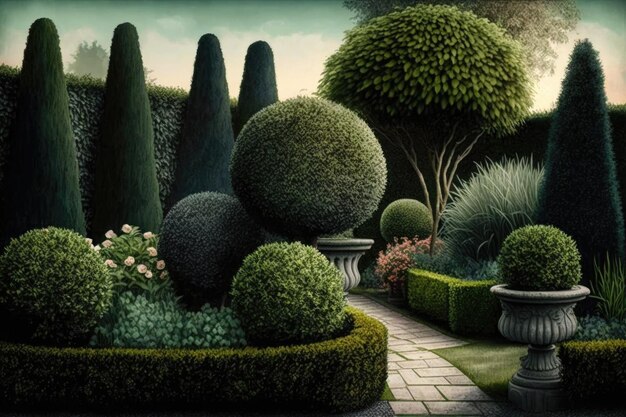 Topiary com voltas e reviravoltas intrincadas, mostrando a habilidade do artista criada com ia generativa