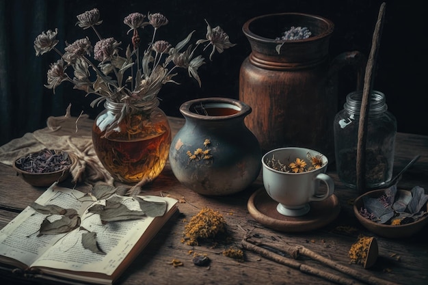 Tópico da medicina alternativa Xícaras de chá e flores e ervas secas Mesa de madeira antiquada