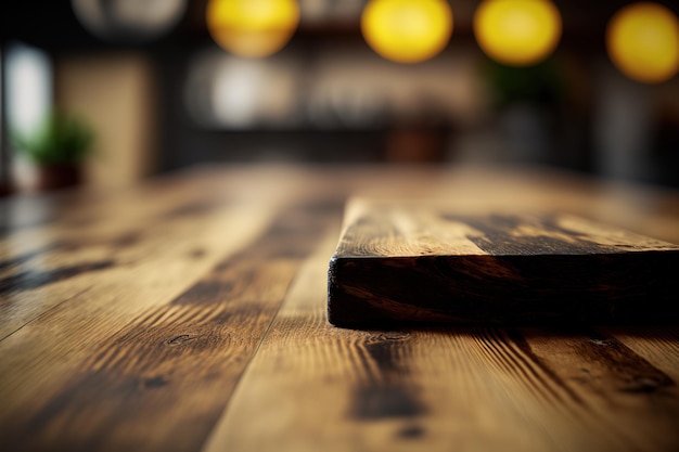 Topo de uma mesa de madeira em close com fundo desfocado