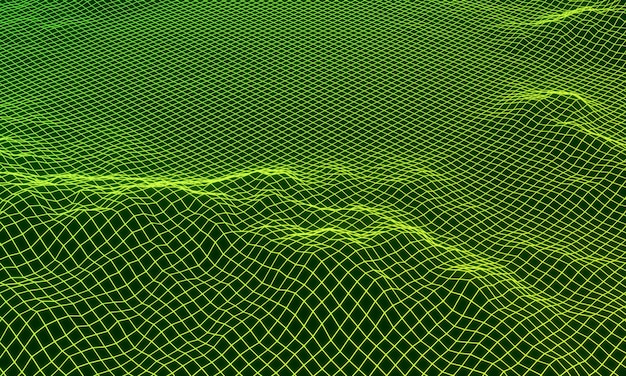 Topografia de neon de grade abstrata 3d terreno de malha verde gradiente