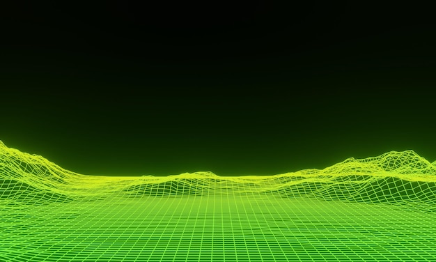 Topografía de neón de cuadrícula abstracta 3D Terreno de malla verde degradado