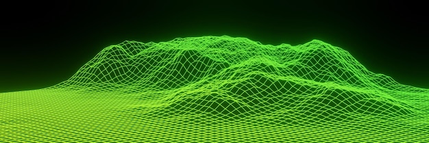 Topografía de neón de cuadrícula abstracta 3D Terreno de malla verde degradado