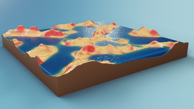 Topografische 3D-Querschnittskarte mit Wasser. Konturlinien auf einer topografischen Karte