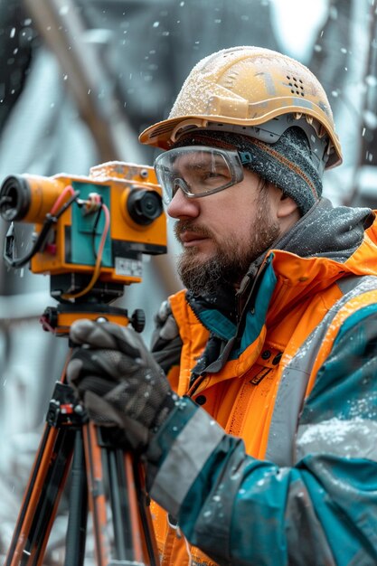 Foto topógrafo o ingeniero que trabaja con el teodolito en el sitio de construcción
