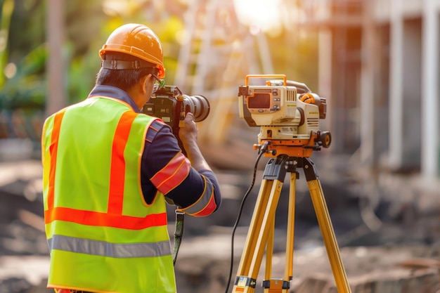 Foto topógrafo que utiliza el teodolito para topografar el sitio de construcción