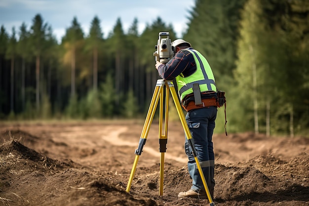 Foto topógrafo usando uma estação total para medir os níveis da terra ai imagem