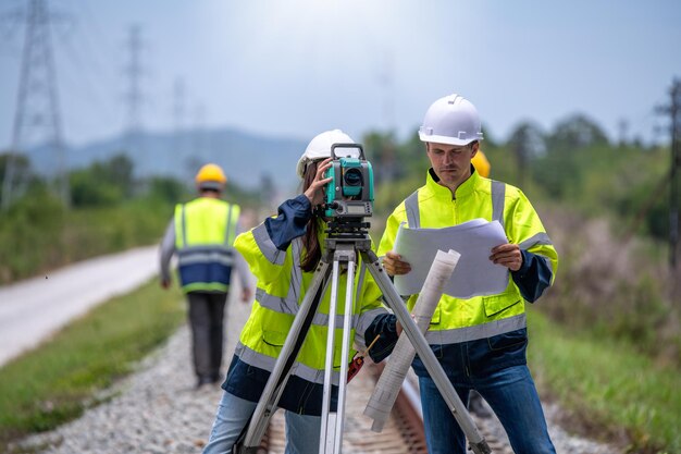 Foto topógrafos de retratos que usan un cuaderno de conversación uniforme y una inspección de verificación de planos mediante una cámara de teodolito para medir la posición del nivel del sitio de construcción de carreteras es un concepto de transporte industrial