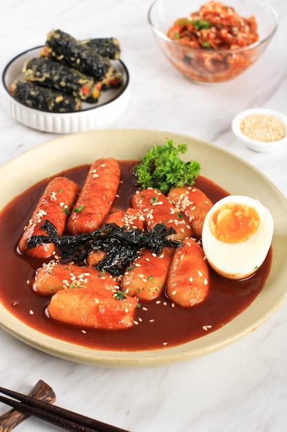 Foto topokki ou tteokbokki é bolo de arroz frito com legumes e bolo de peixe em molho picante