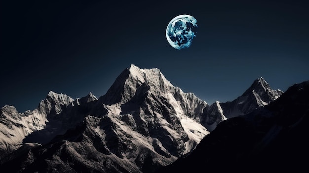 Topos de montanhas cobertas de neve contra o fundo do céu estrelado lua AI gerada