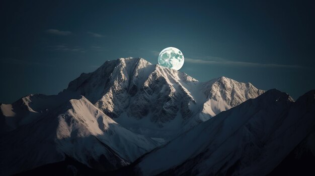 Topos de montanhas cobertas de neve contra o fundo do céu estrelado lua AI gerada