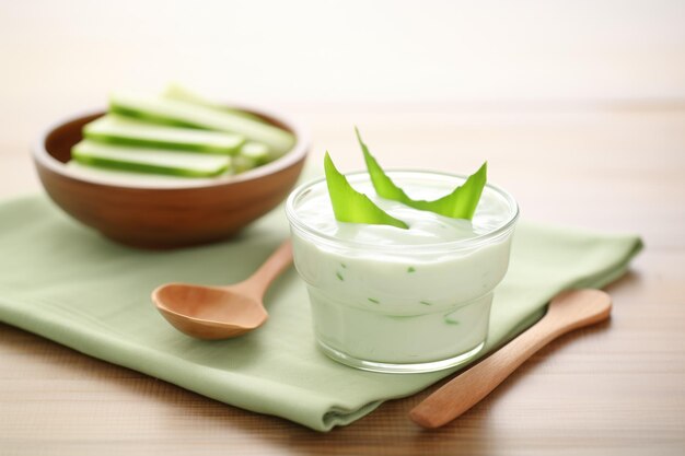 Topping de rodaja de aloe vera sobre yogur natural